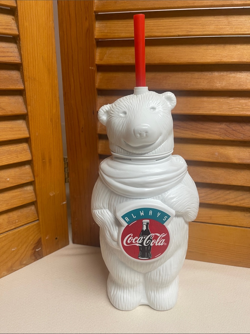 Vintage Coca-Cola White Polar Bear Cup with Red Straw and Logo Badge